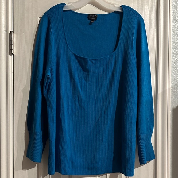 Talbots Merino Wool Square Neck Ribbed Sweater Vibrant Blue Puff Sleeve Cozy 2X - Picture 2 of 9